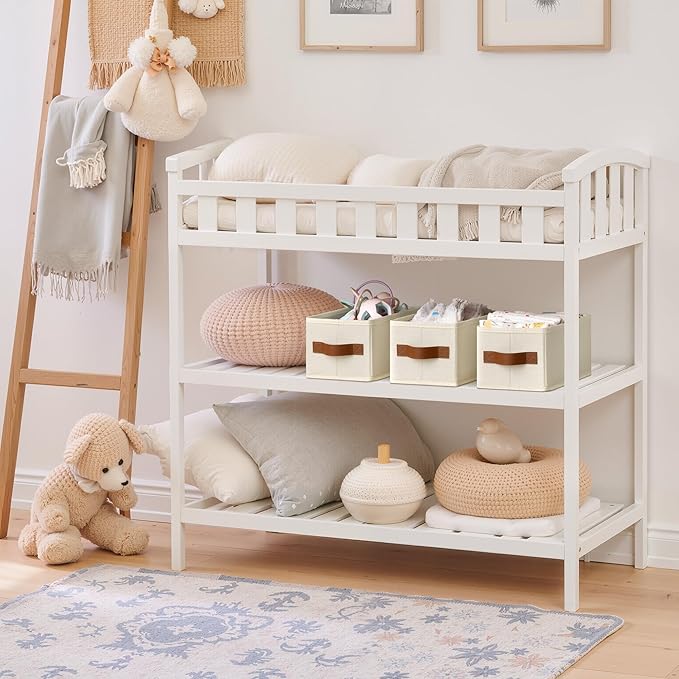 GRANNY SAYS Small Fabric Storage Bins, Storage Baskets for Shelves with PU Handles, Toilet Paper Storage, Mini Baskets for Organizing DVD, Photos, Clothes, Diaper, Sock, Cd, 3-Pack, Ivory