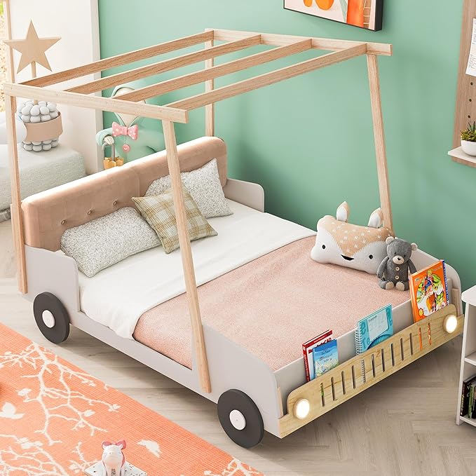 Merax Car Shaped Platform Bed for Kids Full Size, Solid Wood Bed Frame with Back Cushion & Ceiling Cloth, for Boys Girls Teens, Natural