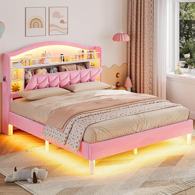 ADORNEVE Queen Bed Frame with LED Lights, Princess Velvet Upholstered Platform Bed for Girls, Headboard with Charging Station & Guardrail & Crystal Button, No Box Spring Needed, Pink