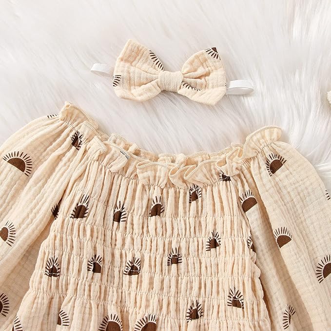 2pcs Infant Baby Girls Romper Dress Headband Long Sleeve Clothing Flowers Newborn Boho Girl Outfit Jumpsuit Clothes