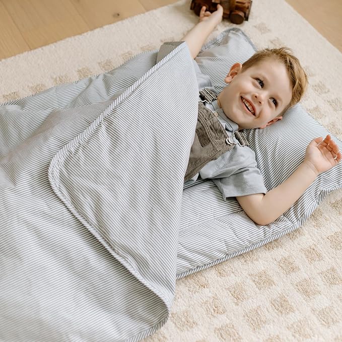 Organic Toddler Nap Mat – 100% Cotton Kids Washable Sleeping Mat & Detachable Pillow – Sleeping Bag with Soft 1.5” Pad – Ideal Nap Mat for Daycare, Preschool, & Sleepovers