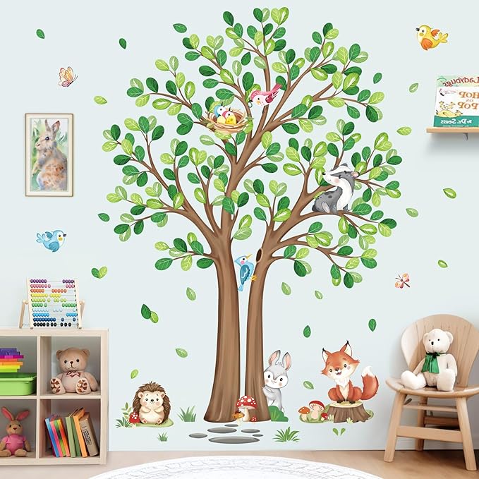 decalmile Woodland Animals Large Forest Tree Wall Decals Fox Rabbit Hedgehog Wall Stickers Baby Nursery Toddler Room Living Room Wall Decor