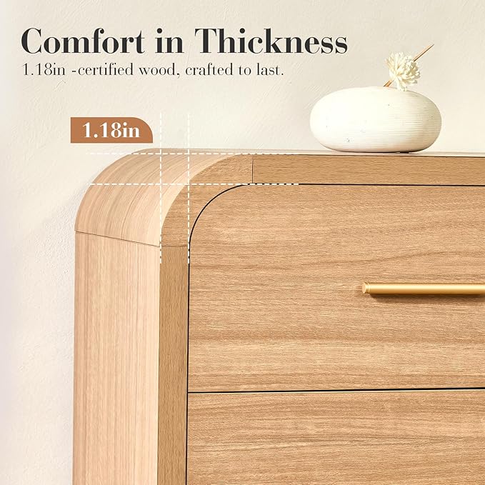Curved 6-Drawer Dresser for Bedroom, 54" Wide Modern Chest of Drawers, Vanity Desk TV Stand for Living Room, Closet Storage Drawers Organizer Furniture, Nursery, Hallway, Oak