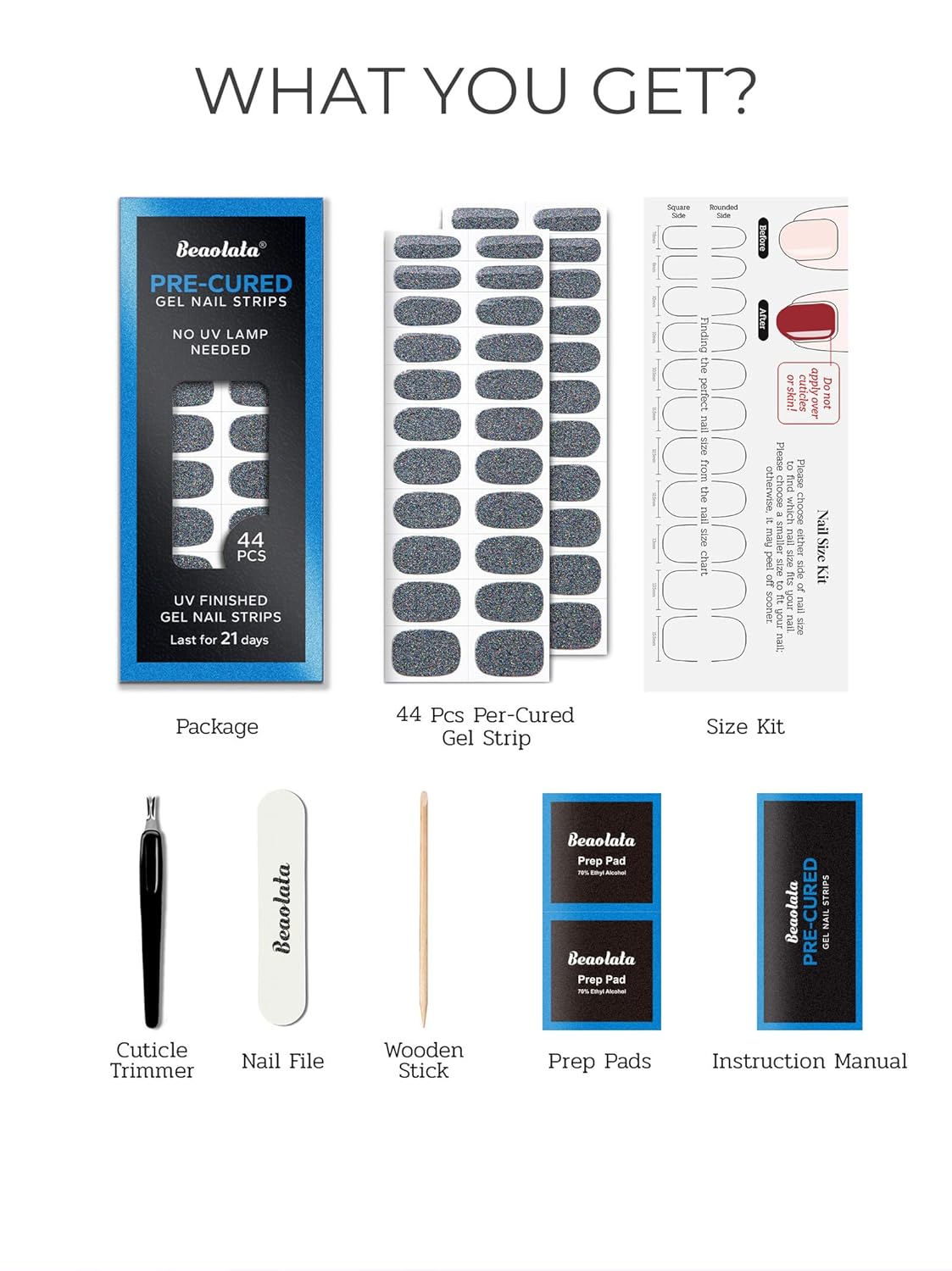 Pre Cured Gel Nail Strips - 44PCS Salon Quality Gel Nail Stickers - Long Lasting Polish Wraps for Women no UV Light Needed Easy Apply& Remove (Cool Silver)