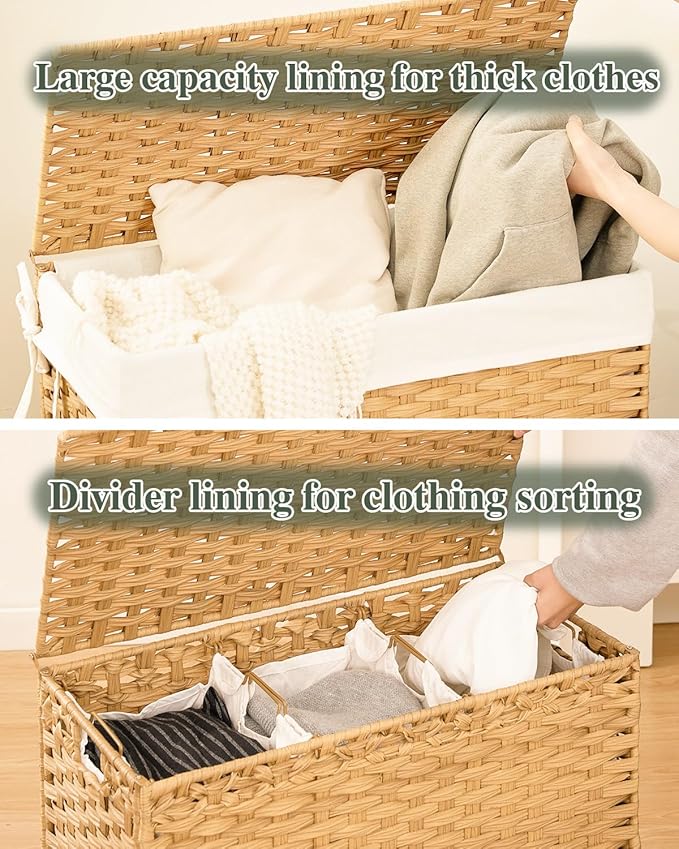 Laundry Hamper with Lid Laundry Basket 132 L (35 Gal) Wicker Clothes Hamper, Handwoven Rattan Hamper with Handles and 4 Removable Liner Bags, 6 Mesh Bags for Laundry Bedroom Natural