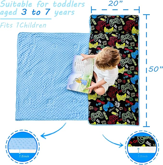 Toddler Nap Mat with Pillow and Blanket, Extra Large Rolled Napping Mats,Slumber Bags for Boys Girls,Kids Sleeping Bag for Daycare, Preschool Travel Camping