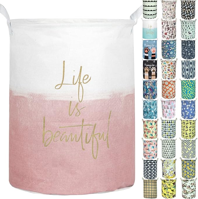 Merdes 19.7’’ Waterproof Foldable Laundry Hamper, Dirty Clothes Laundry Basket, Linen Bin Storage Organizer for Toy Collection (Life Pink)