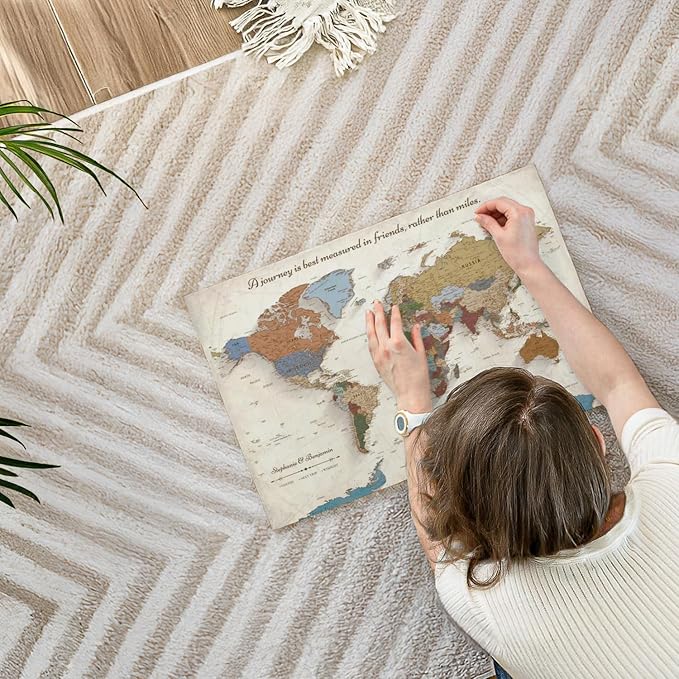 ElephantStock - Personalized Journey V Push Pin World Map Wall Art - Horizontal Canvas Wall Art - Living Room Wall Decor - Digital Art Map Canvas Art - Beige And Orange Decor - 24" x 16"