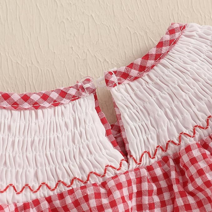 Baby Girl Smocked Western Romper Short Sleeve Bubble Rompers Summer Clothes Plaid Print Embroidery Bow Bodysuit Tops