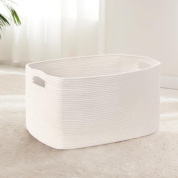 72L Large Baby Girls Laundry Basket for Nursery Storage,Cute Woven cotton Rope Baskets for Kids Toy，Gifts,Boho Square Wicker Blanket hamper for Living Room,Bedroom Dirty Clothes, White