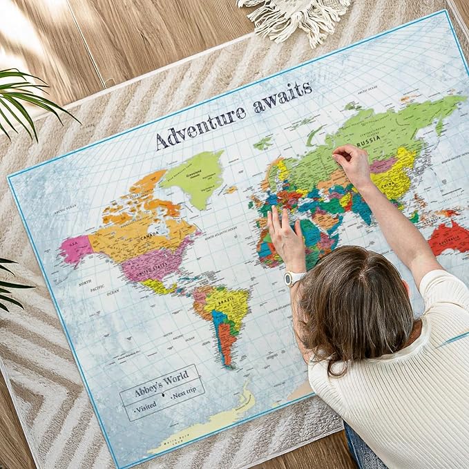 ElephantStock - Personalized Adventure Awaits IV Push Pin World Map Wall Art - Horizontal Canvas Wall Art - Living Room Wall Decor - Digital Art Map Canvas Art - Blue And Green Decor - 51" x 34"