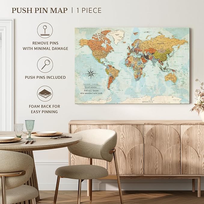 ElephantStock - Personalized Wanderer Push Pin World Map Wall Art - Horizontal Canvas Wall Art - Living Room Wall Decor - Digital Art Map Canvas Art - Orange And Blue Decor - 36" x 24"