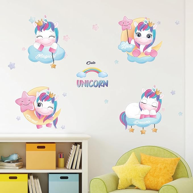 Unicorns Wall Decals - Colourful Peel and Stick Cute Unicorn Wall Stickers, Decor for Baby Nursery, Toddler & Kids Bedroom Walls