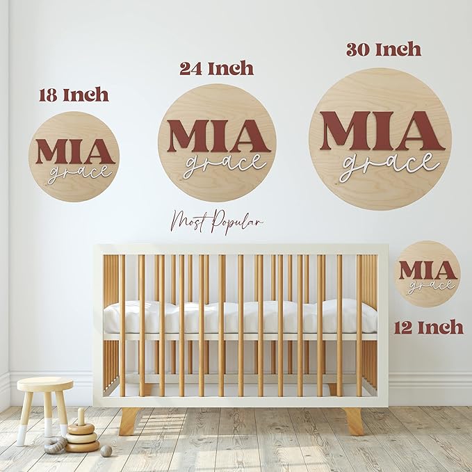 Custom Round Nursery Name Sign, Personalized Wooden Wall Plaque, 12" 18" 24", 30" 3D Wall Art for Children & Kids Rooms, Baby Shower, Hickory Hollow Designs (Sophia Marie)