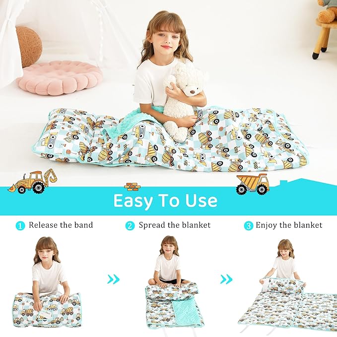 Toddler Nap Mat for Preschool 50''x30'' Sleeping Mat with Removable Pillow and Minky Blanket for Kids Ages 3-7 Roll Up Soft Sleeping Bag for Boys Girls Kindergarten Daycare Sleepover