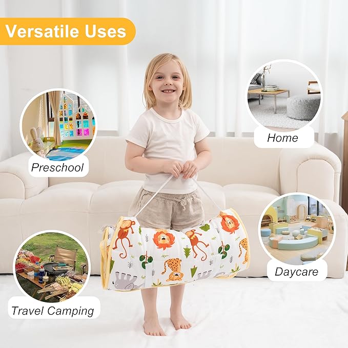 Viviland Toddler Nap Mat with Pillow and Minky Dot Blanket, Rolled Sleeping Mat/Slumber Bag for Girls Boys, Kids Nap Mat for Preschool, Daycare, Kindergarten, Travel Camping - Zoo Animal