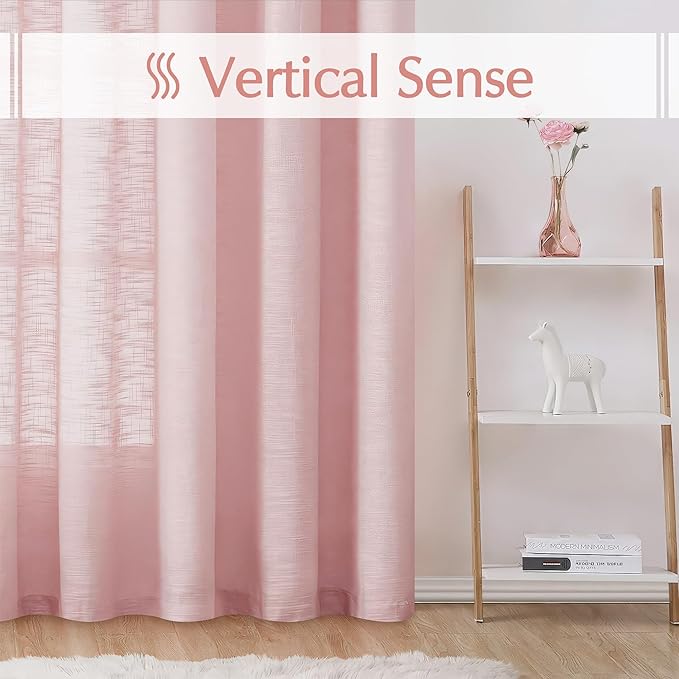 FMFUNCTEX Linen Semi Sheer Curtains for Bedroom, Blush Pink Curtains 72 Inch Length for Living Room, Country Farmhouse Sheer Drapes, Light Filtering Window Curtain, Grommet Top 2 Panels