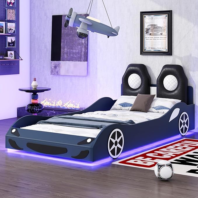 Bellemave Wood Twin Size Race Car-Shaped Platform Bed with LED and Upholstered Backrest, Kid's Platform Bed Frame with Race Car-Shaped and Safety Guardrails for Kids, Boys, Girls.(Blue)