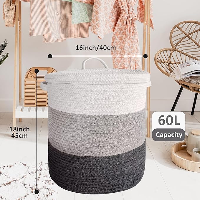 Large Storage Basket with Lid 60L, 16"Wx18"H Woven Laundry Basket with Lid Cotton Laundry Basket, Wicker Basket Blankets Pillows Storage in Living Room Baby Nursery, Dark Gray/Gray/White Mix with Lid