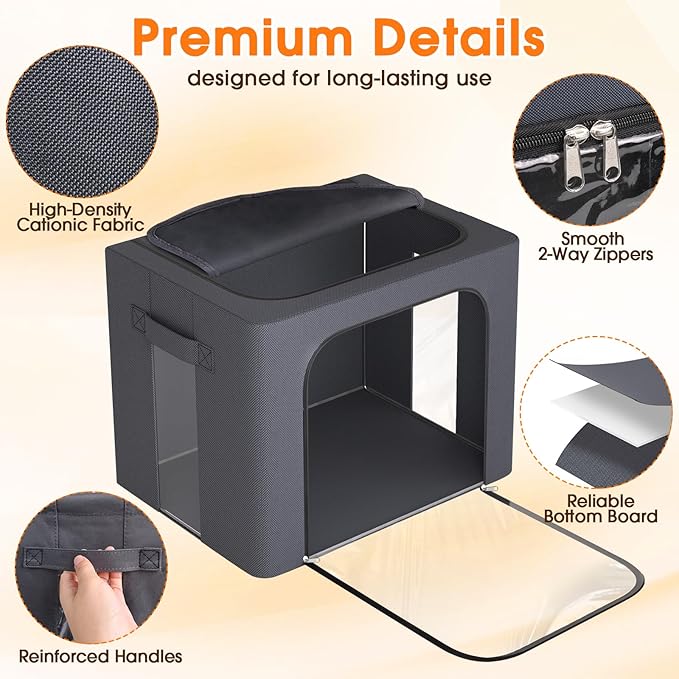 6 Pack Clothes Storage Bins with Metal Frame,40L Storage Bags Fabric Box Organizer with Clear Window,Zippers,Sturdy Handles(6 Pcs,Light Grey,40L)