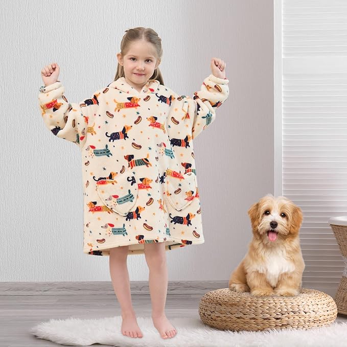 Fiosnow Dachshund Blanket Hoodies for Kids Toddler 2-6YR Oversize Wearable Blanket Hoodies for Boys Girls Teens