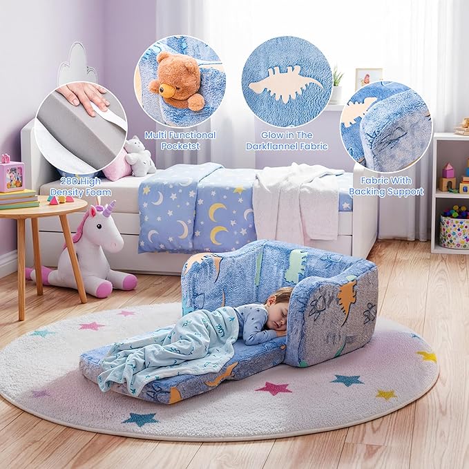 Lamerge 2-in-1 Toddler Couch,Glow in The Dark Baby Floor Bed,Foldable Toddler Chair Kids Sofa for playroom,Convertible Sofa to Lounger for Girls and Boys (Blue and Dinosaur)
