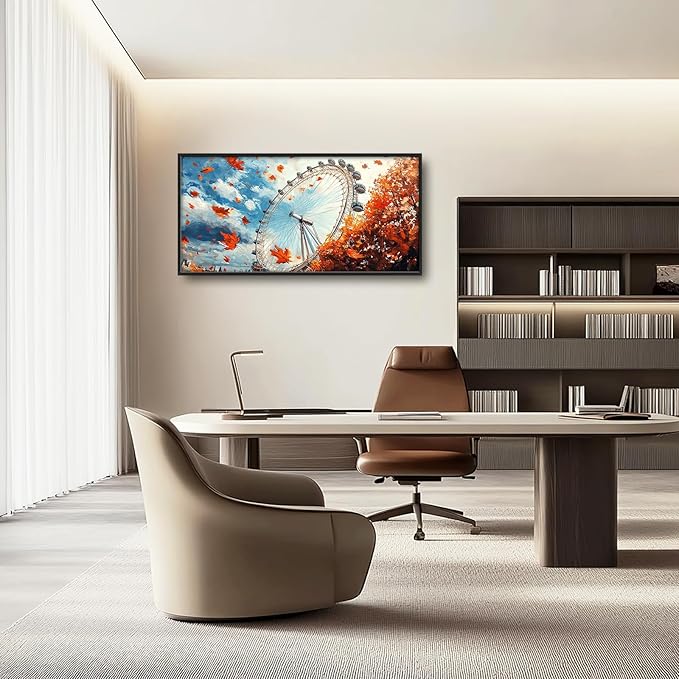 Olivine Large Fall Wall Art, London Eye Pictures Wall Decor, Fall London Painting, Autumn Canvas Prints, Framed Artwork for Bathroom Bedroom Living Room Office Home Decoration 60"x30"