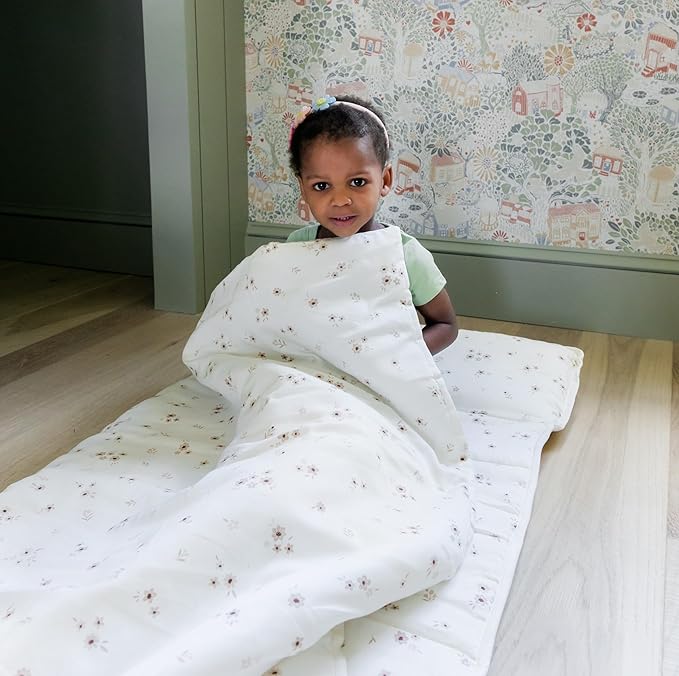 Makemake Organics GOTS Certified Organic Cotton Nap Mat with Detachable Pillow for Kids Soft Sleeping Bag for Toddlers, Boys, Girls - Ideal for Daycare, Preschool, Kindergarten