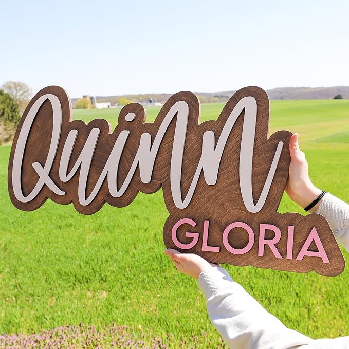 Hickory Hollow Designs Wooden Name Signs for Nursery, Baby Name Sign, Name Signs for Kids Room, Custom Plaque, Nursery Wall Art, (Quinn Gloria)
