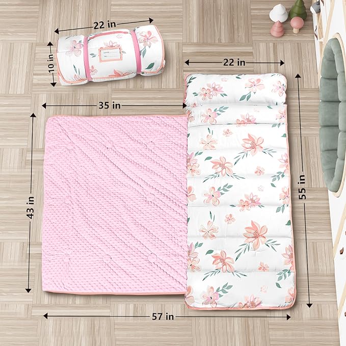 Primlect Thickened Toddler Nap Mat with Removable Pillow and Minky Blanket, Extra Large 55''x35'' Sleeping Bag, Washable, Roll up, Perfect for Daycare, Preschool, Kindergarten, Boys and Girls Flowers