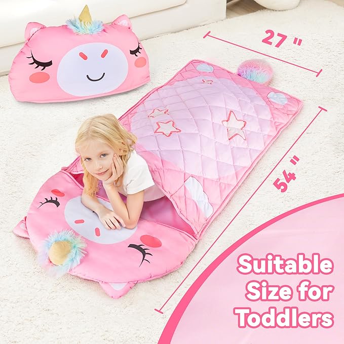 iPlay, iLearn Kid Sleeping Bag, Unicorn Slumber Sack, Toddler Girl Nap Mat, 2 in 1 Pink Animal Cushion Blanket, Happy Travel Sleepover Daycare Preschool Birthday Gift for 3 4 5 6 Year Old Child