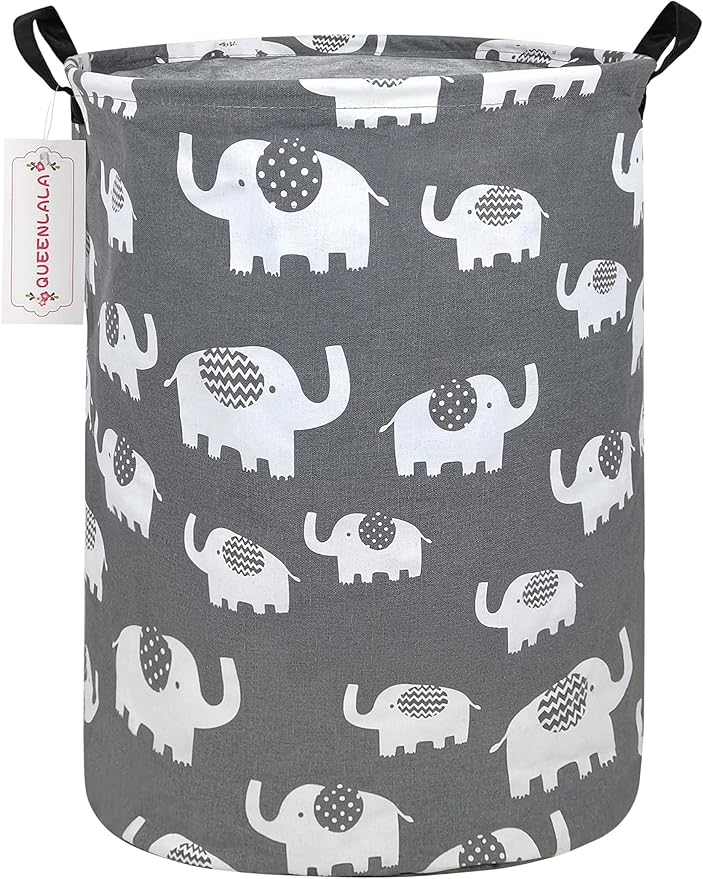 QUEENLALA Large Storage Basket,Laundry Hamper/Bathroom/Home Decor/Collapsible Round Storage Bin,Boys and Girls Hamper/Boxes/Clothing(Round-Elephant)