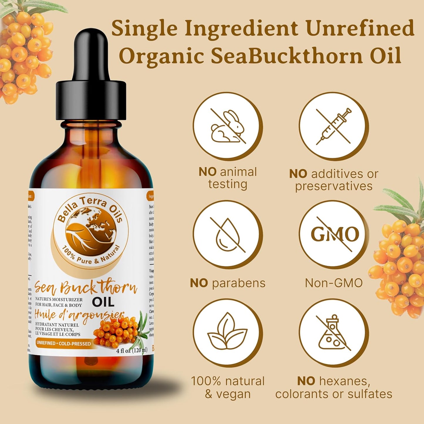Bella Terra Oils - Seabuckthorn Berry Oil 4oz - Experience Nature's Luxurious Touch, Brimming with Vitamin E & Carotenoids, Transcend Ordinary Skincare