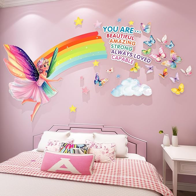 3D Fairy Wall Stickers for Girls Room Decor Wall Decals Peel and Stick for Girls Bedroom Large Pink Princess Pictures Kids Murals Wallpaper Art Inspirational Decor for Nursery Toddler