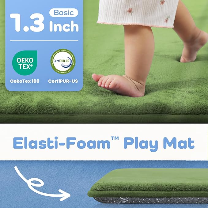 1.3" Thick Baby Floor Play Mat 50x50, Basic Padded Foam Mat for Tummy Time Crawling, Non Slip Cushioned for Babies Toddlers Infants Kids (Olive)