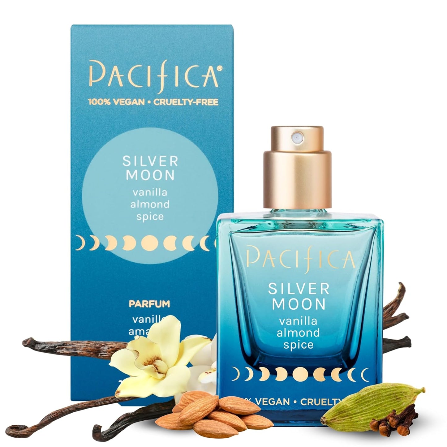 Pacifica Silver Moon Perfume 1oz – Long-Lasting Warm Vanilla & Almond Clean Fragrance for Women Vegan, Cruelty-Free, Essential Oils, Non Toxic