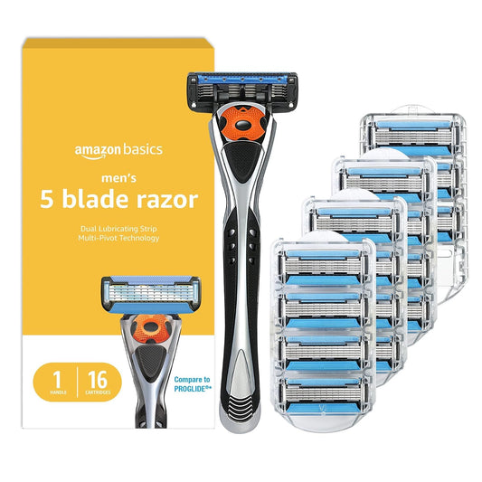 Amazon Basics 5-Blade MotionSphere Men's Razor with Dual Lubrication and Precision Trimmer, 17 Piece Set, 1 Handle & 16 Cartridges, Black