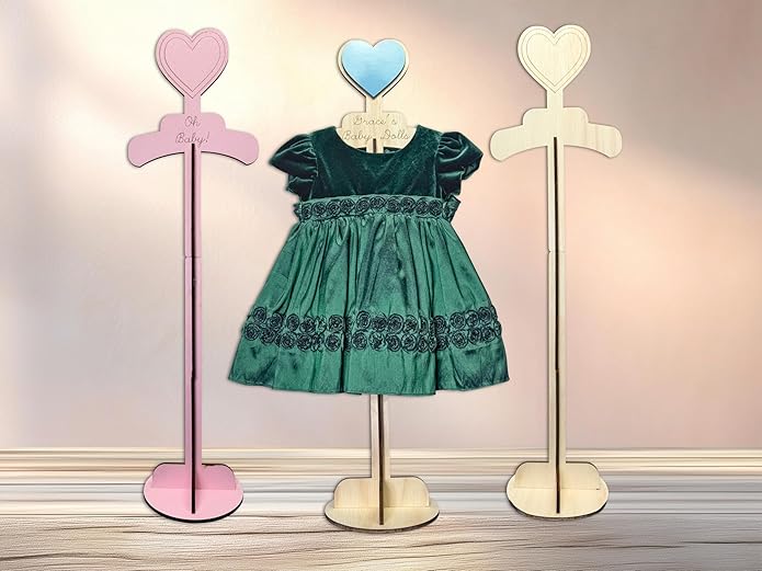 Lumber Reveal USA Baby Clothes Display Stand Personalized Baby Shower Centerpiece or Baby Doll Display | Adjustable Height, Heart-Topped Dress Hanger