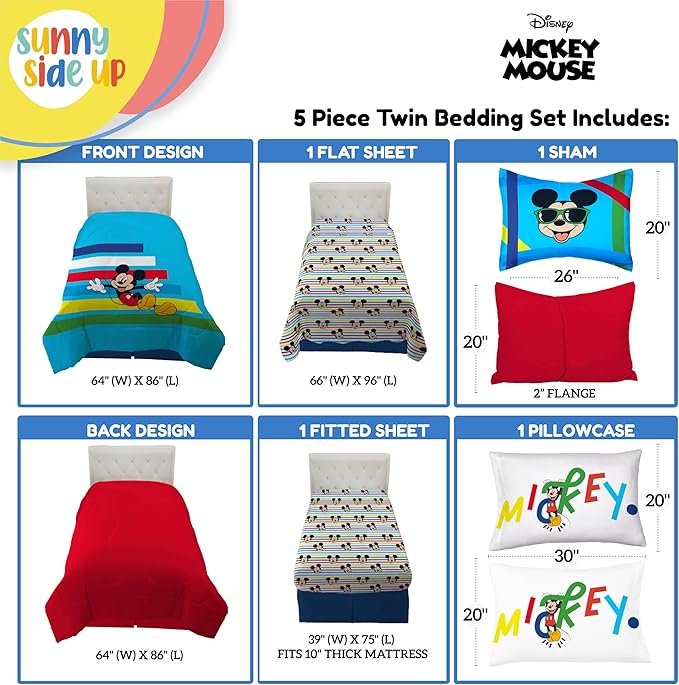 Sunny Side Up Disney Mickey Mouse Twin Comforter Set - 5 Piece Kids Bedding Includes Comforter, Sheets & Pillow Cover - Super Soft Microfiber Bed Set