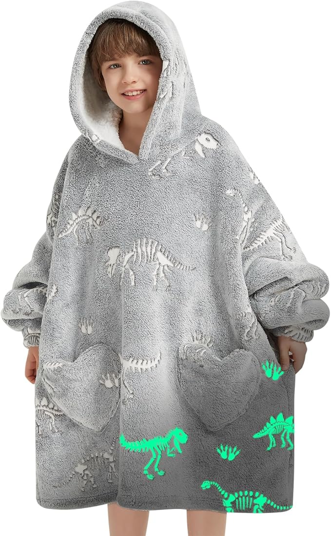 Fiosnow Glow in the Dark Dinosaur Fossil Blanket Hoodies for Kids 6-13YR Oversize Wearable Blanket Hoodies for Boys Girls Teens