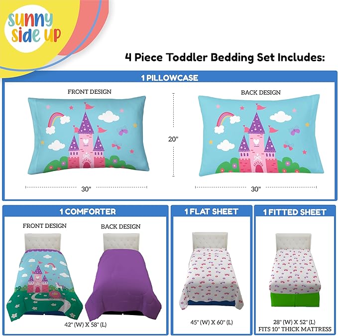 Sunny Side Up Magic Castle Toddler Comforter Set - 4 Piece Preschool Bedding Includes Comforter, Sheets & Pillow Cover - Super Soft Floral Microfiber Bed Set