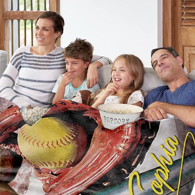 Baby Kids Personalized Baseball Blanket - Custom Name and Number - Soft Warm and Fluffy Flannel Fabric Gift for Sports Lovers 50x60inch