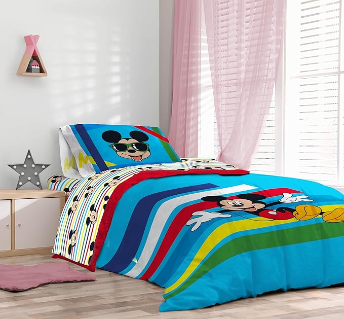 Sunny Side Up Disney Mickey Mouse Twin Comforter Set - 5 Piece Kids Bedding Includes Comforter, Sheets & Pillow Cover - Super Soft Microfiber Bed Set