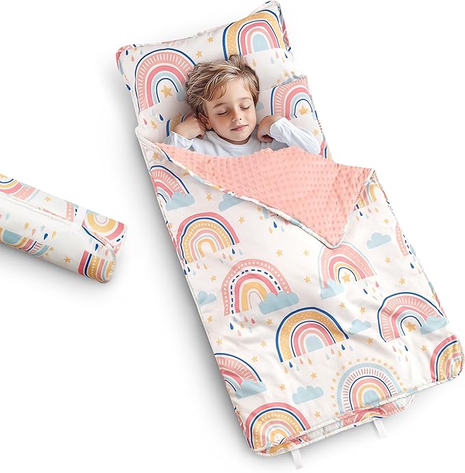 Toddler Nap Mat with Removable Pillow & Minky Blanket Sleeping Bag for Kids Handle & Fastening Nap Mats for Preschool Daycare Kindergarten Kids Sleeping Bag (Ages 2-7 Years) Blue Dinosaur
