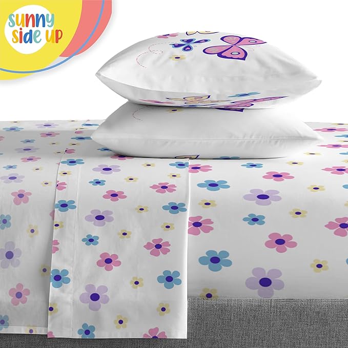Sunny Side Up Butterfly Full Comforter Set - 7 Piece Kids Bedding Includes Comforter, Sheets & Pillow Cover - Super Soft Purple Floral Microfiber Bed Set