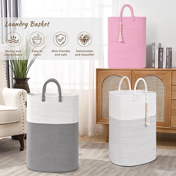 Woven Laundry Basket for Clothes, 65L Large Rectangle Laundry Hampers with Beads Tassel, Nursery Storage Basket for Toys, Tall Dirty Clothes Hamper for Bedroom Aesthetic, Laundry Room Organization