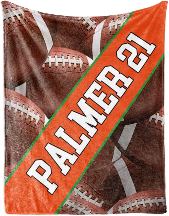Personalized Football Baby Blanket Gifts: Custom Soft Flannel Fabric Blankets with Name Number for 0-6 Years Kids Boys Girls - Warm and Comfortable(50X60inch)