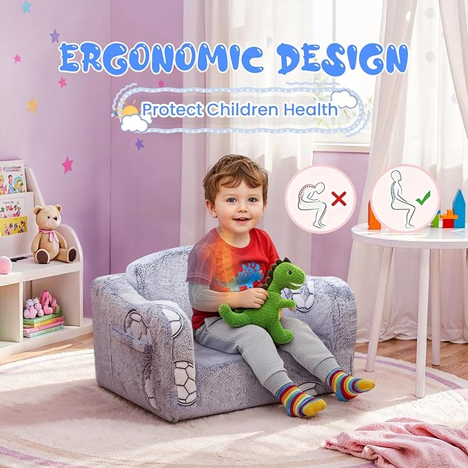 Lamerge 2-in-1 Toddler Couch,Glow in The Dark Baby Floor Bed,Foldable Toddler Chair Kids Sofa for playroom,Convertible Sofa to Lounger for Girls and Boys (Grey and Football)