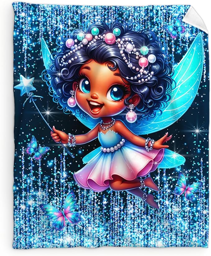 Girls Fairy Blanket, Fairy Throw Gift for Kids Daughter Birthday, 50x60 Inches Lightweight Soft Cute Black Throw Blankets for Sofa Couch Living Room Bed