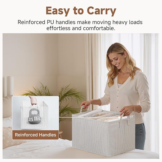 StorageWorks Storage Bins, Fabric Storage Bins for Shelves, Extra Large Storage Baskets with Metal Frame, Closet Baskets and Bins with Handles, Jumbo, Gray and White Stripes, 2-Pack